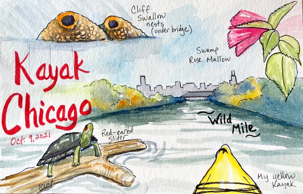 watercolor sketch of the Wild Mile - Chicago River by kayak